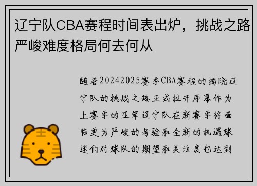 辽宁队CBA赛程时间表出炉，挑战之路严峻难度格局何去何从